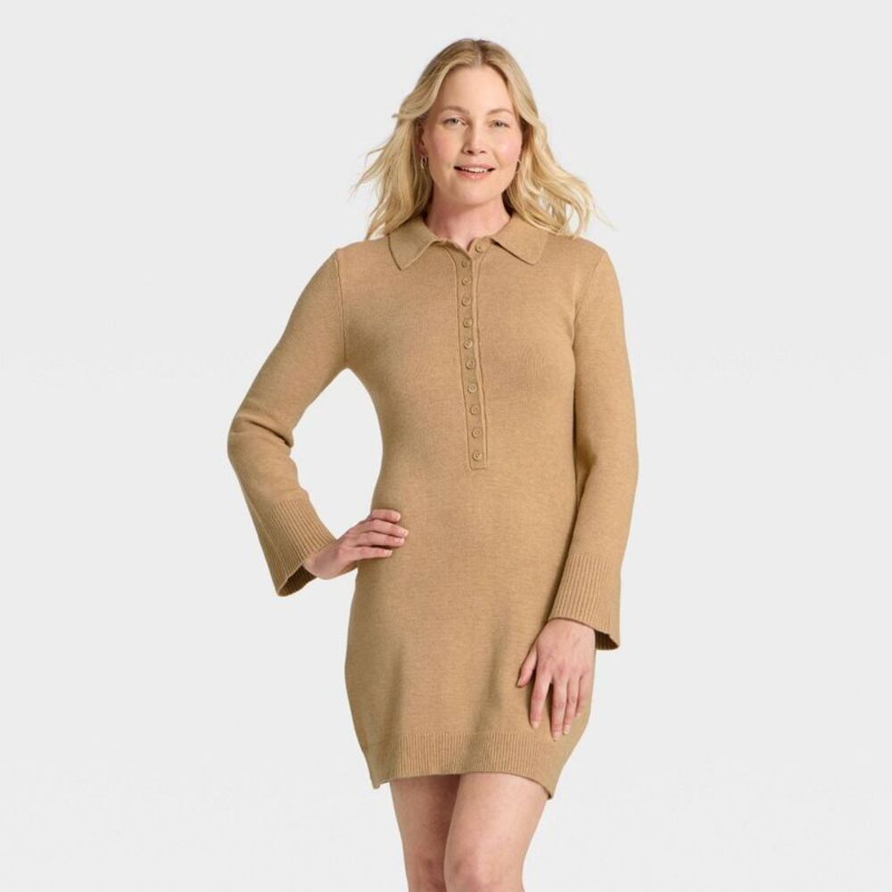 Women's Long Sleeve Sweater Dress - A New Day Light Heather Brown L
